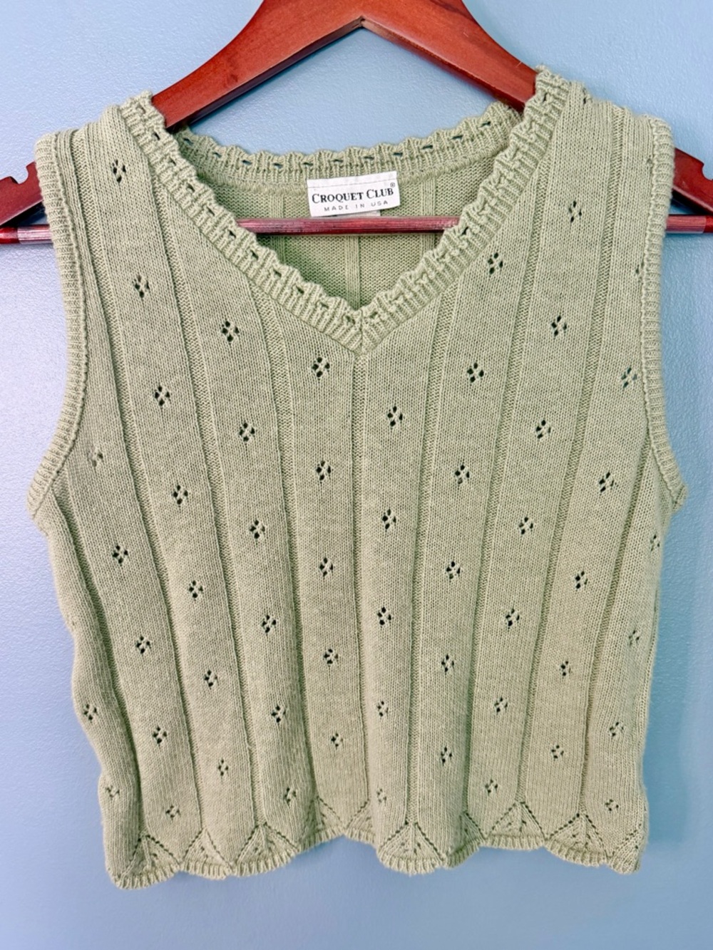 Vintage VTG Crochet Club Sleeveless Ribbed Sage Green Knit Tank